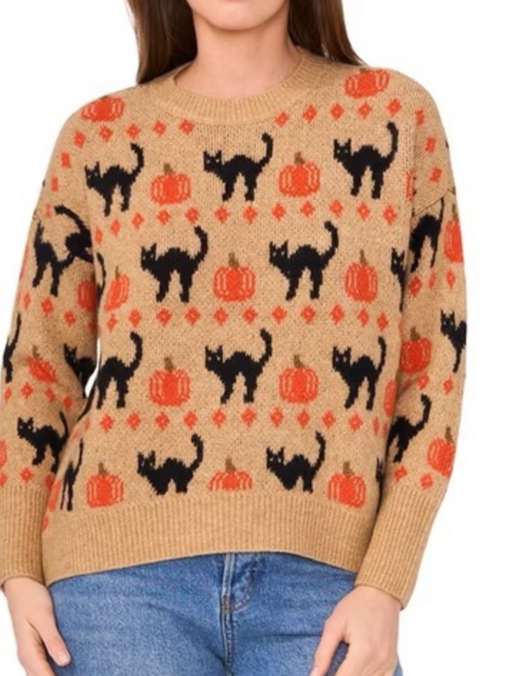 Vince Camuto Tan Sweater with Black Cat & Orange Pumpkin Knit